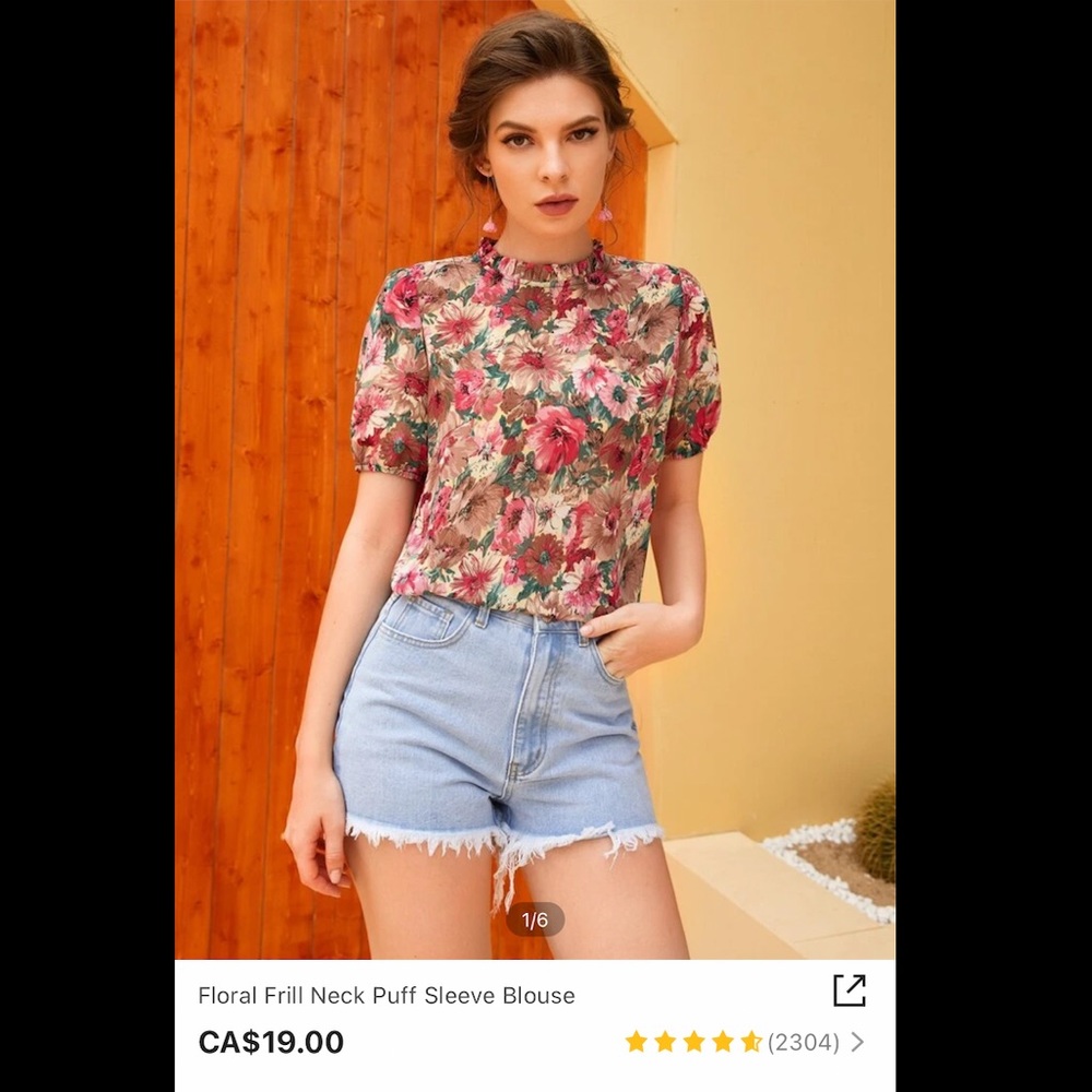 Floral Frill Neck Puff Sleeve Blouse